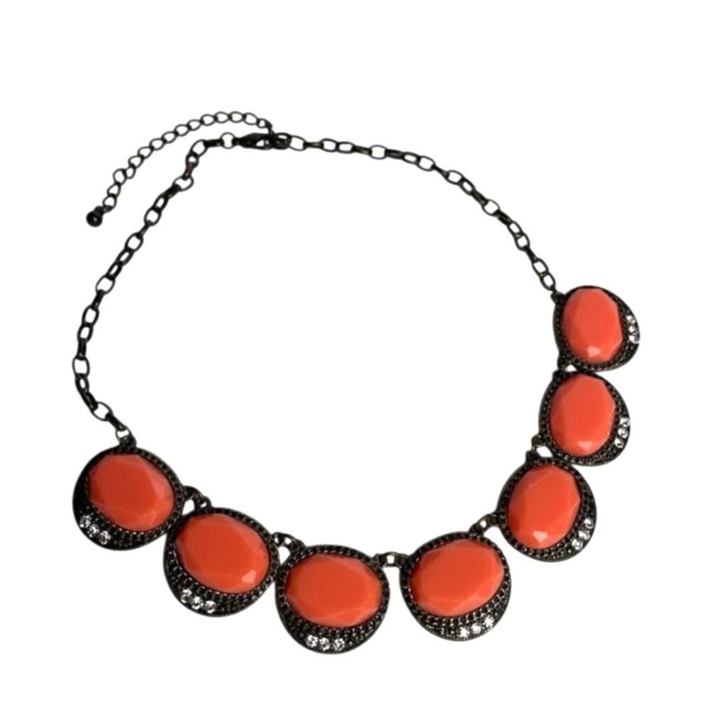 Antiqued Gold Tone Necklace Orange Coral Chunky Faux Stone Statement Piece